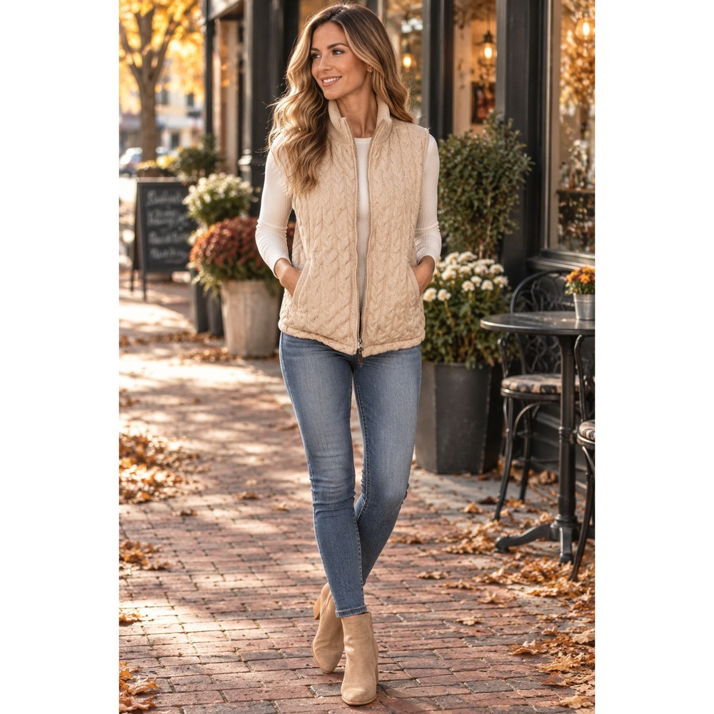 Sanctuary Reversible Cable Knit Puffer Vest Cream Beige XL